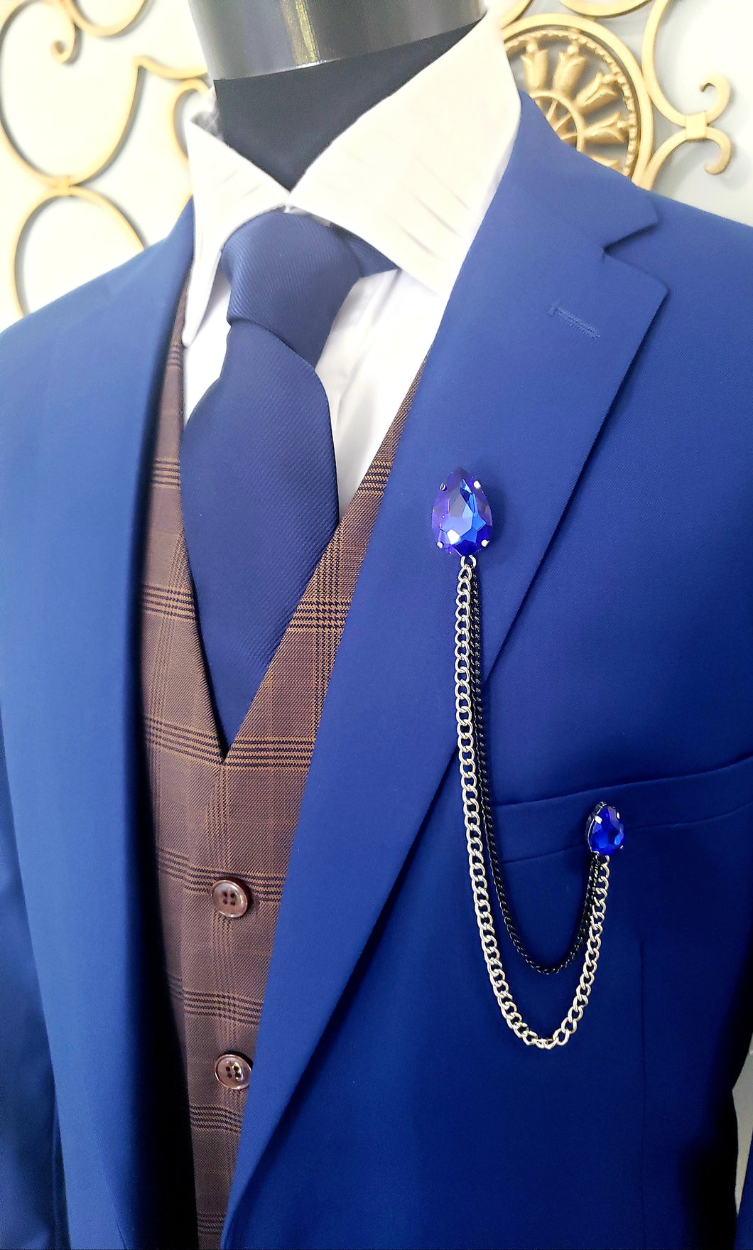 Royal Blue Crystal Lapel Pin with Black/Silver Chains