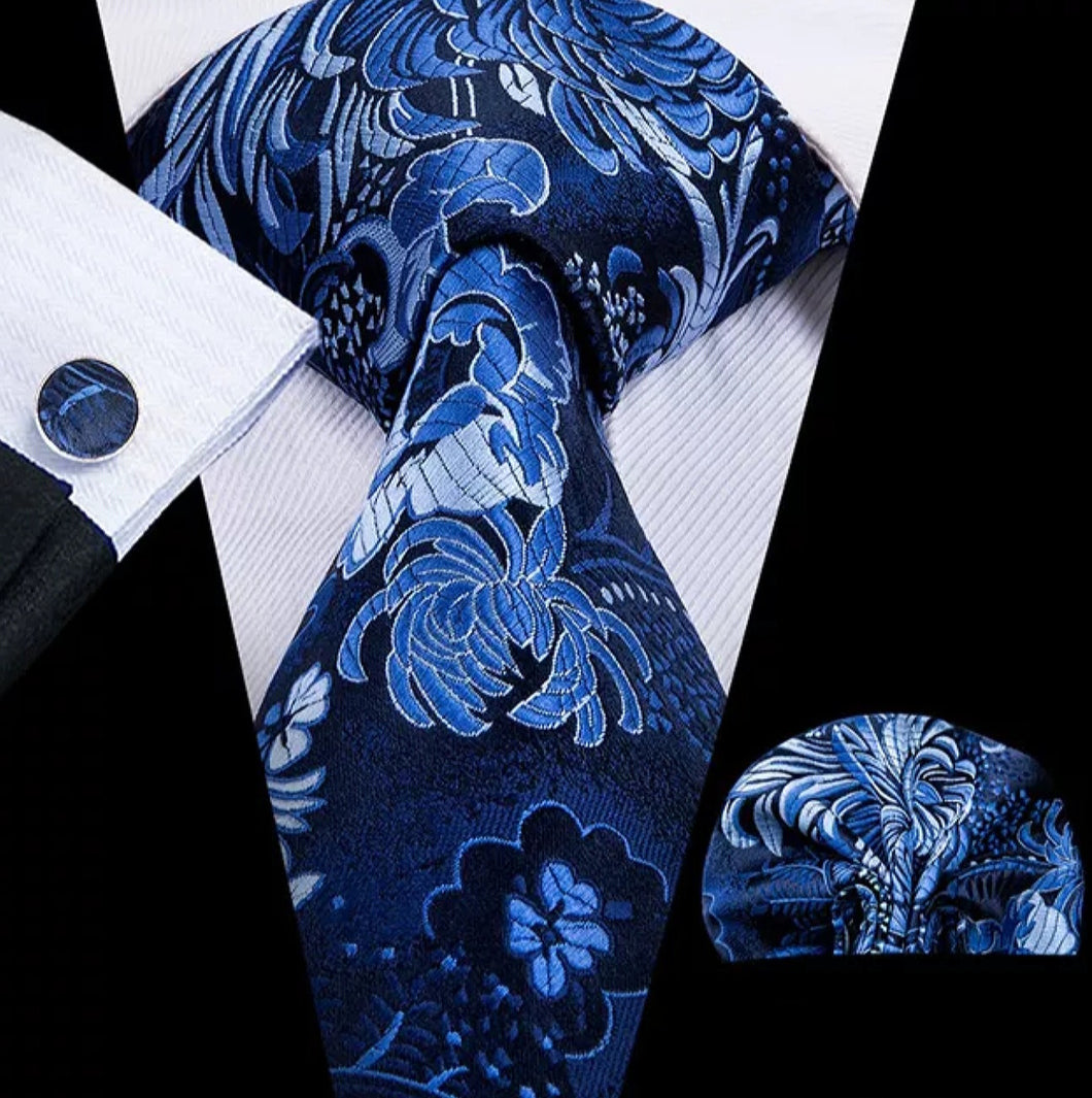 Men's Blue Floral Silk Necktie Set