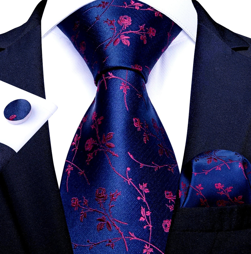 Men's Blue Red Floral Silk Necktie Set