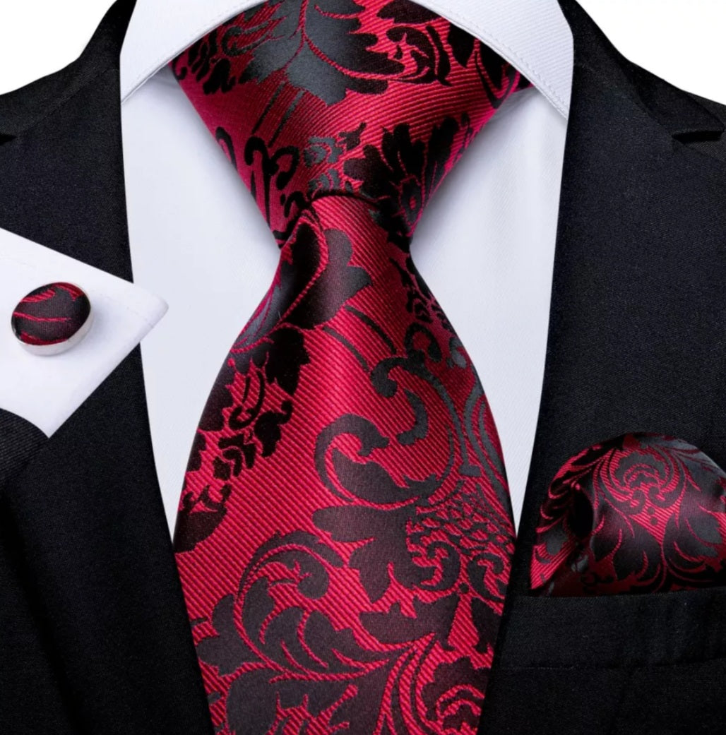 Men's Black Red Silk Necktie Pocket Square Set