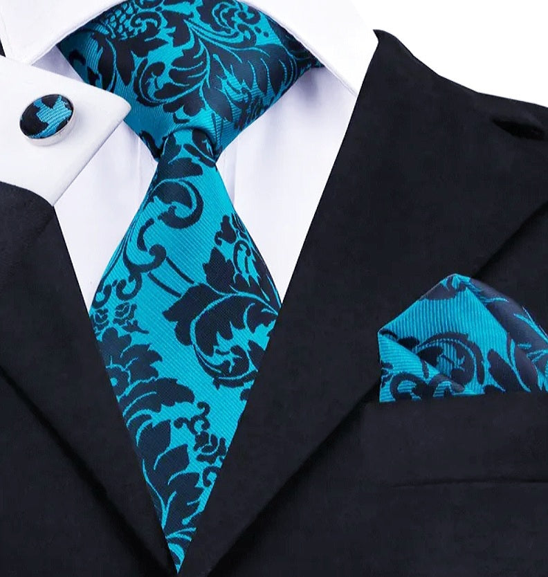 Men's Black Turquoise Silk Necktie Pocket Square Set