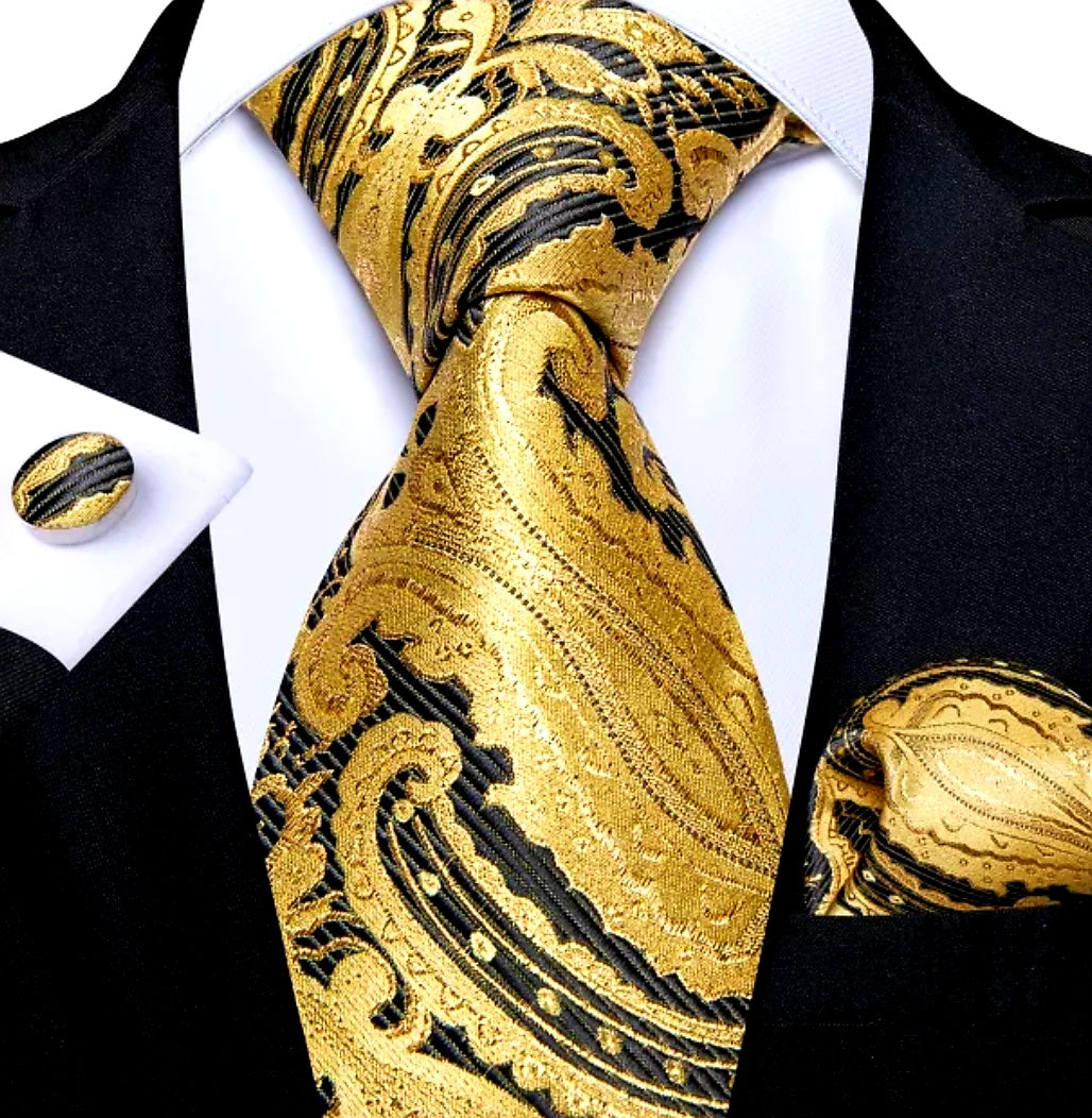 Men's Gold Black  Silk Necktie Pocket Square Set