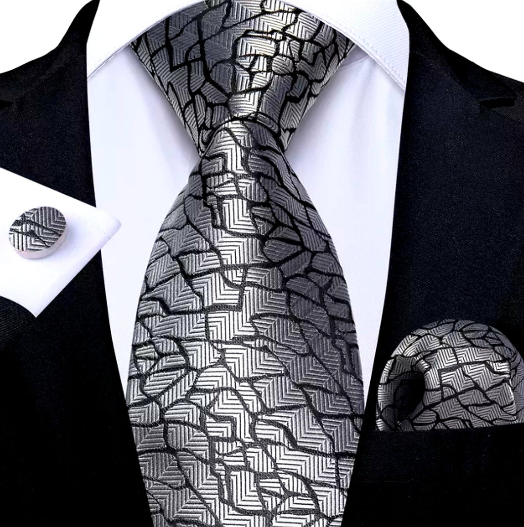 Men's Black Silver Necktie Pocket Square Cufflink Set