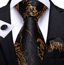 Load image into Gallery viewer, Men&#39;s Black Gold Silk Necktie Pocket Square Set
