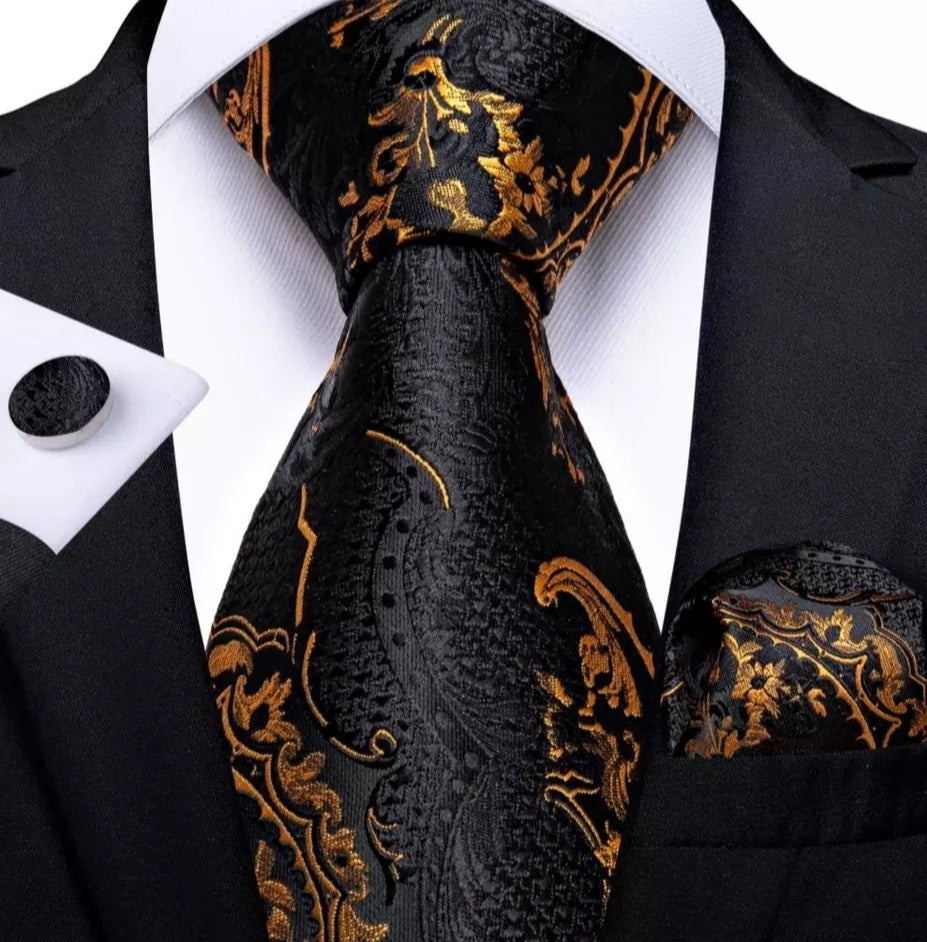 Men's Black Gold Silk Necktie Pocket Square Set