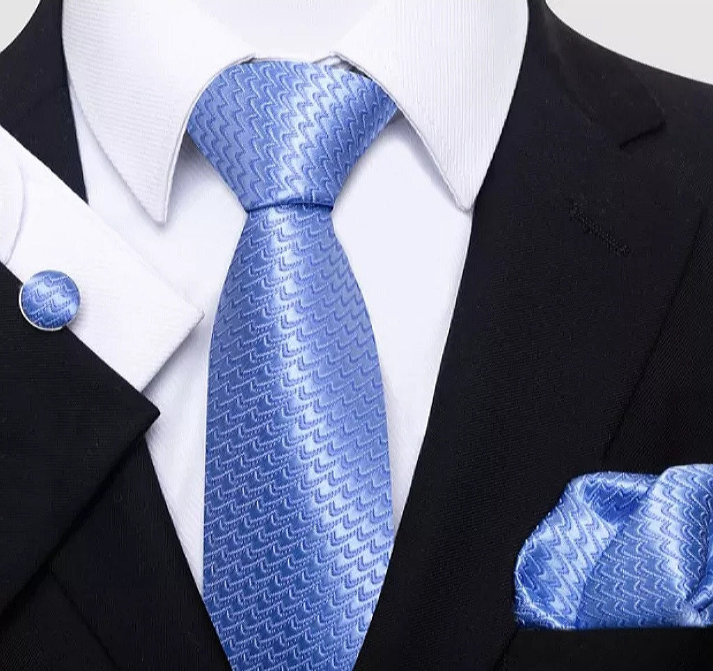 Men's Blue Silk Necktie Square Cufflink Set