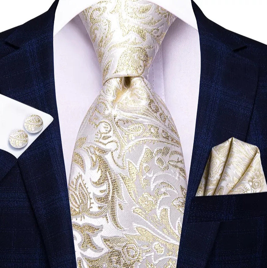 Men's Gold White Floral Necktie Set