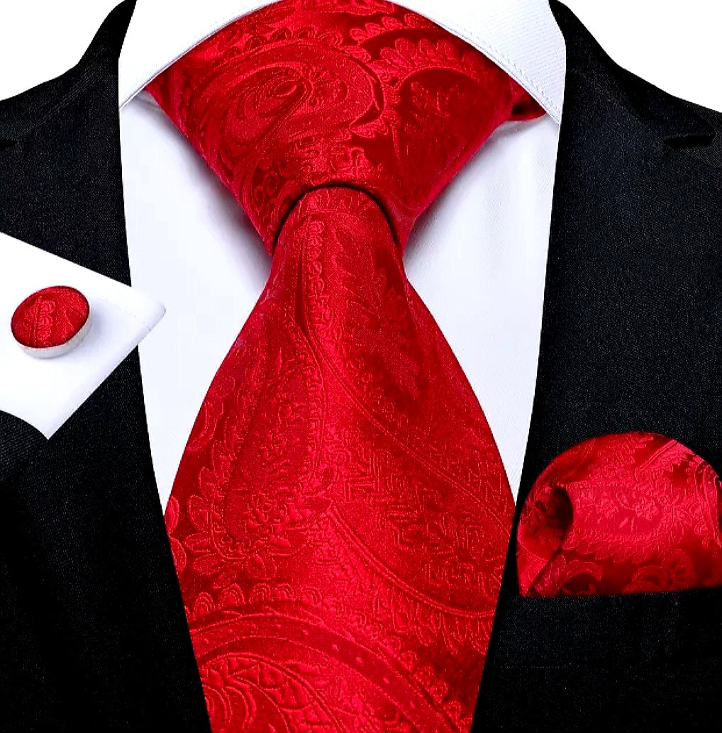 Men's Red Silk Necktie Square Cufflink Set
