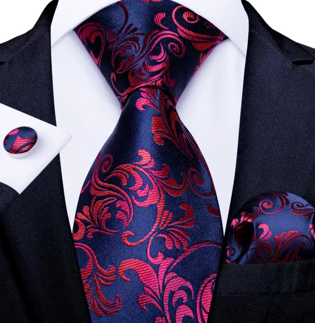 Men's Blue Red Floral Silk Necktie Set