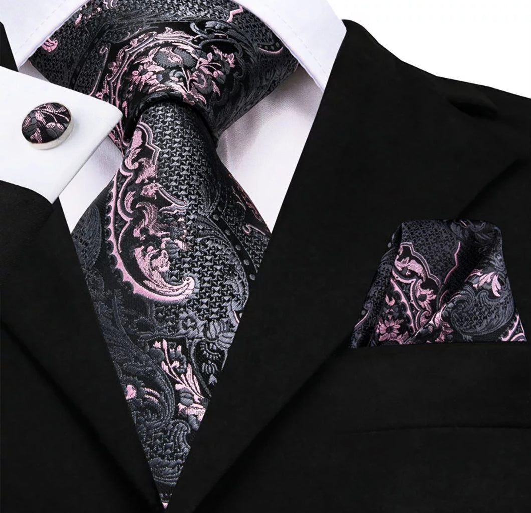 Men's Grey Pink Necktie Pocket Square Cufflink Set