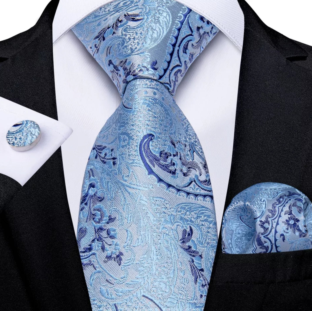 Men's Blue Necktie Pocket Square Cufflink Set