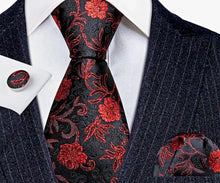 Load image into Gallery viewer, Men&#39;s Black Red Silk Necktie Pocket Square Set
