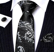 Load image into Gallery viewer, Men&#39;s Black White Necktie Pocket Square Cufflink Set
