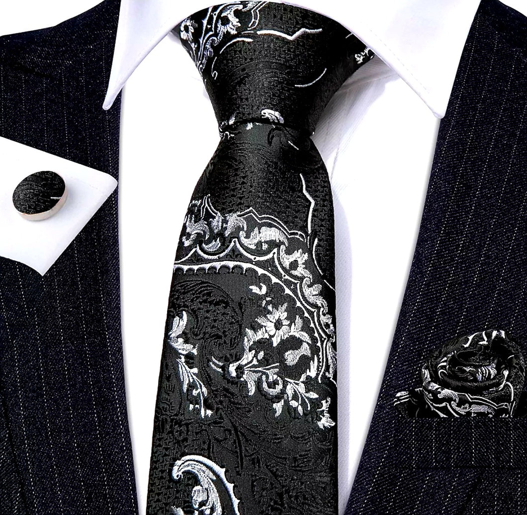 Men's Black White Necktie Pocket Square Cufflink Set