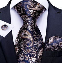 Load image into Gallery viewer, Men&#39;s Blue Brown Silk Necktie Pocket Square Set

