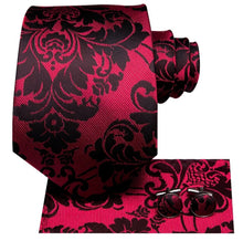 Load image into Gallery viewer, Men&#39;s Black Red Silk Necktie Pocket Square Set
