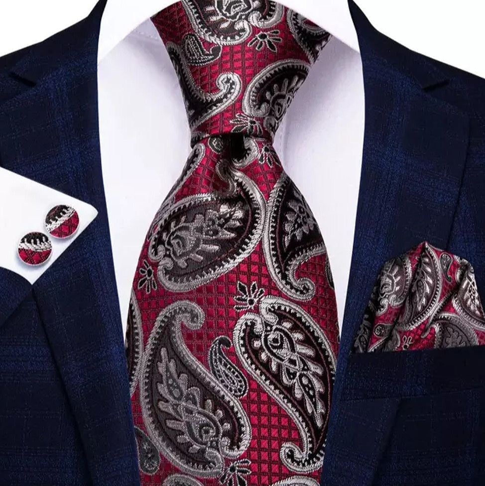 Men's Burgundy Pewter Paisley Silk Necktie Set