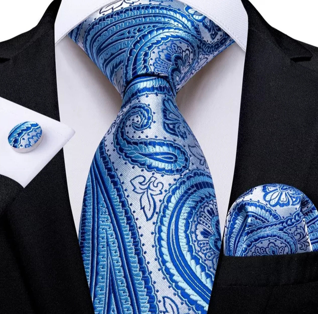 Men's Blue Grey Paisley Silk Necktie Set