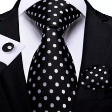 Load image into Gallery viewer, Men&#39;s Black White Polka Dot Silk Necktie Set
