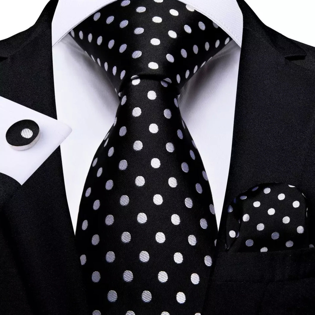 Men's Black White Polka Dot Silk Necktie Set