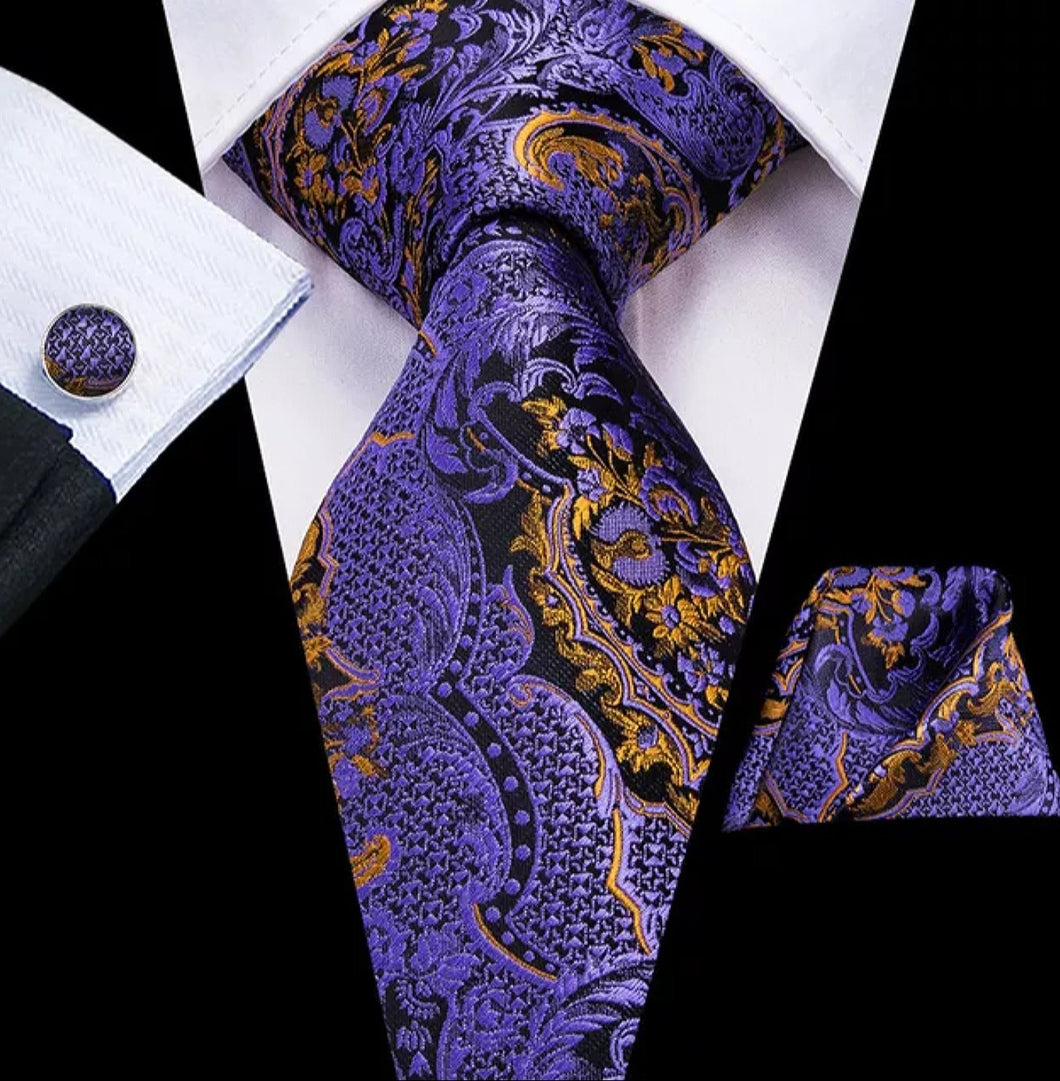 Purple Gold Necktie Pocket Square Cufflink Set