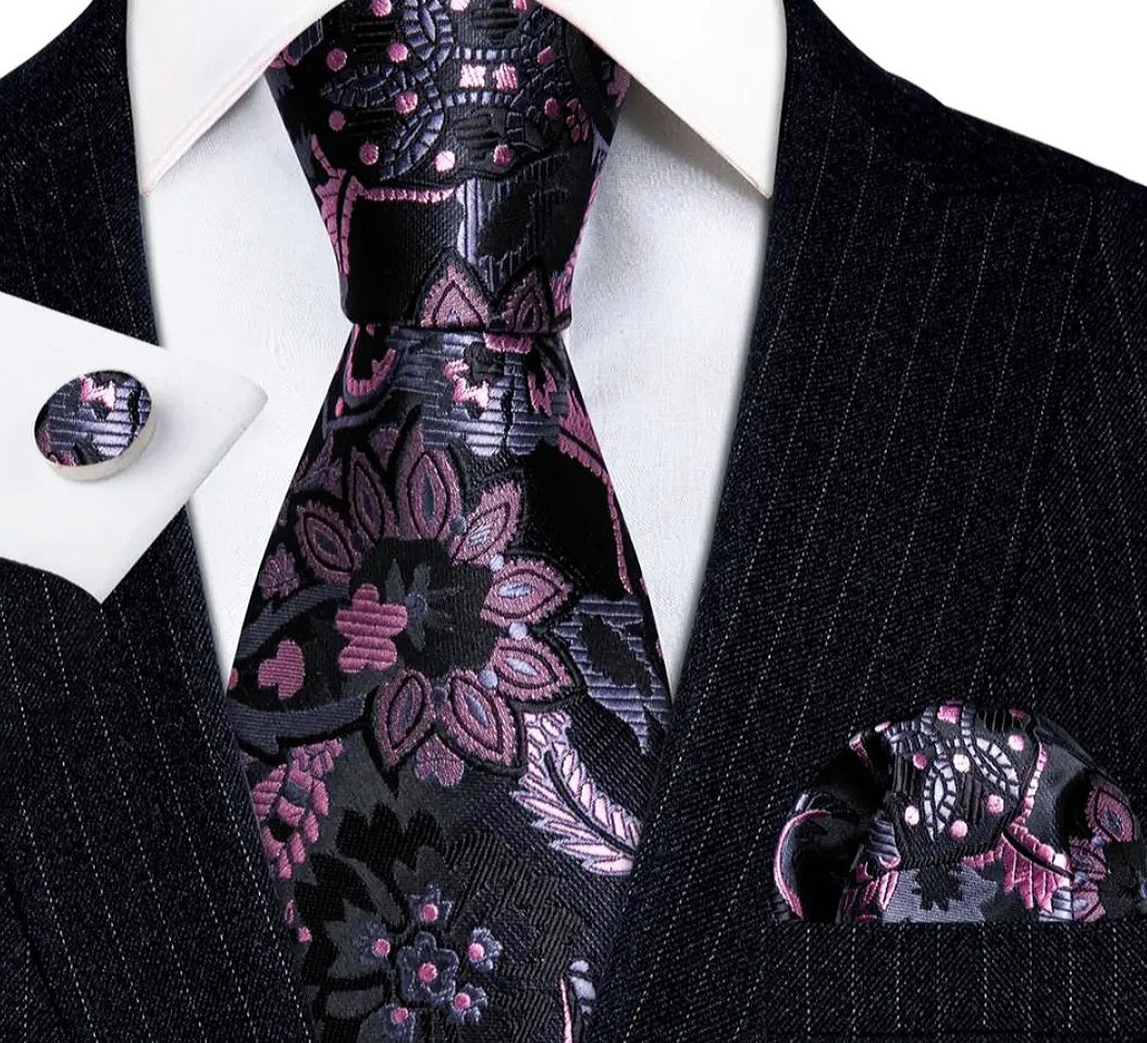 Men's Black Pink Silk Necktie Pocket Square Set