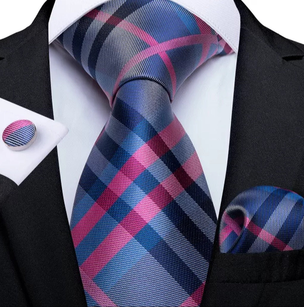 Men's Fuchsia Blue Plaid Silk Necktie Set