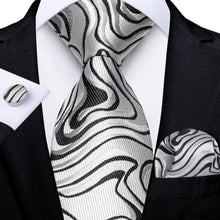 Load image into Gallery viewer, Men&#39;s Black Silver Necktie Pocket Square Cufflink Set
