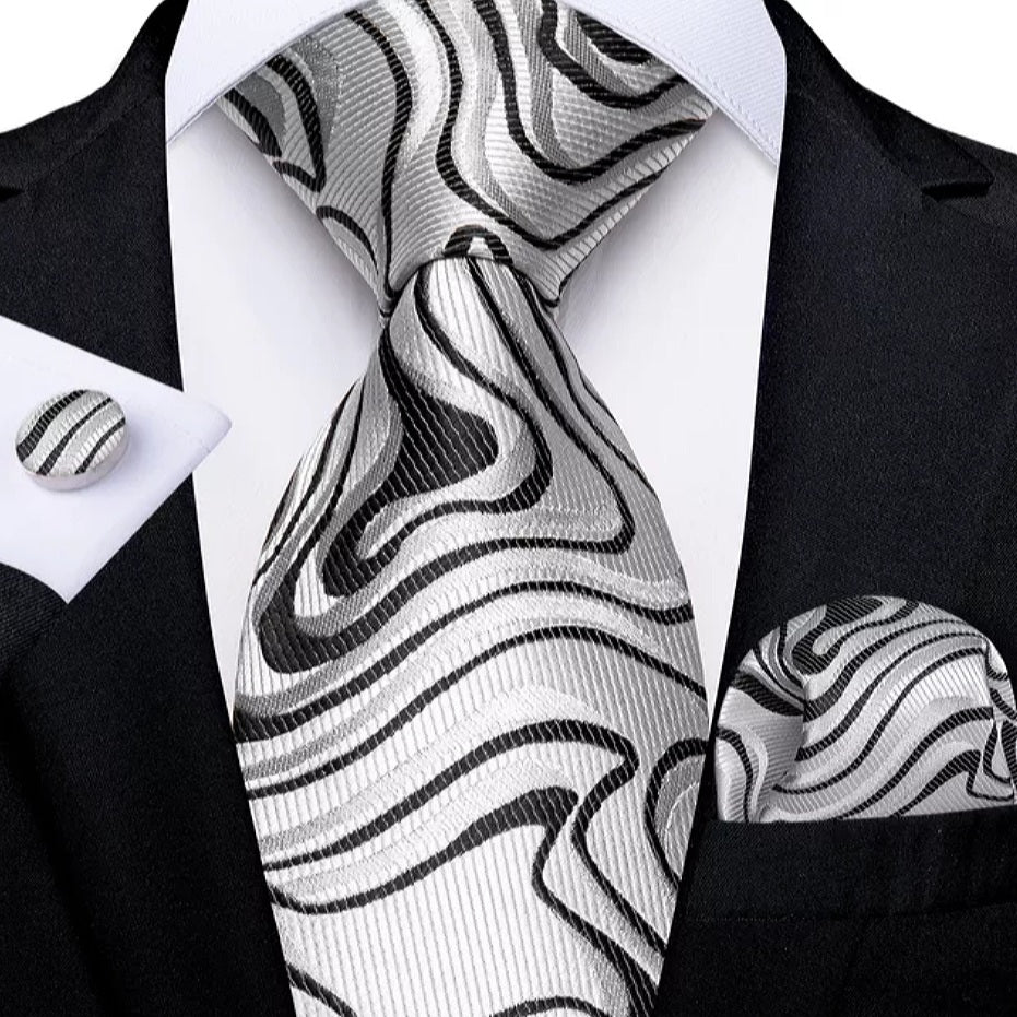 Men's Black Silver Necktie Pocket Square Cufflink Set