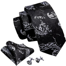 Load image into Gallery viewer, Men&#39;s Black White Necktie Pocket Square Cufflink Set
