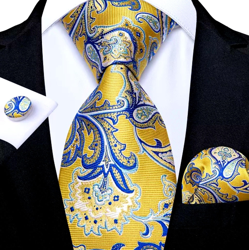 Men's Yellow Blue Silk Necktie Pocket Square Set