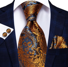 Load image into Gallery viewer, Men&#39;s Gold Blue Silk Necktie Pocket Square Set
