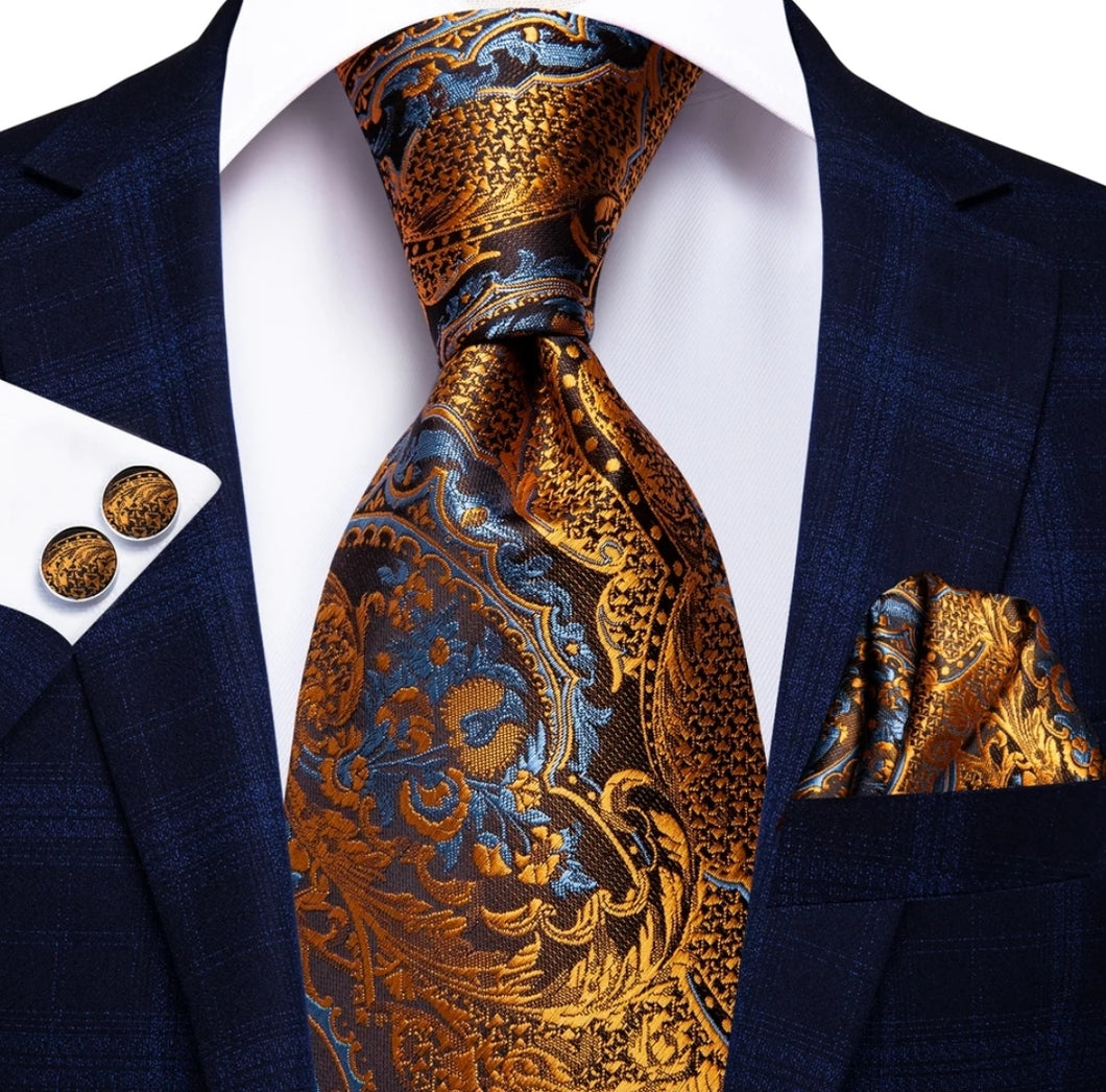 Men's Gold Blue Silk Necktie Pocket Square Set