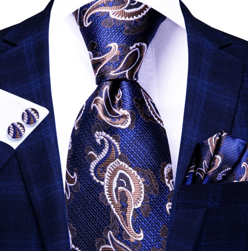 Men's Blue Brown Silk Necktie Pocket Square Set