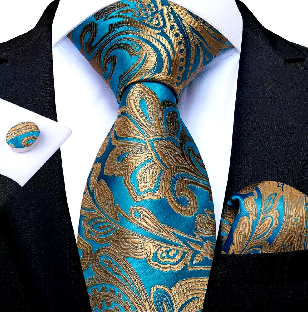 Men's Turquoise Floral Silk Necktie Set