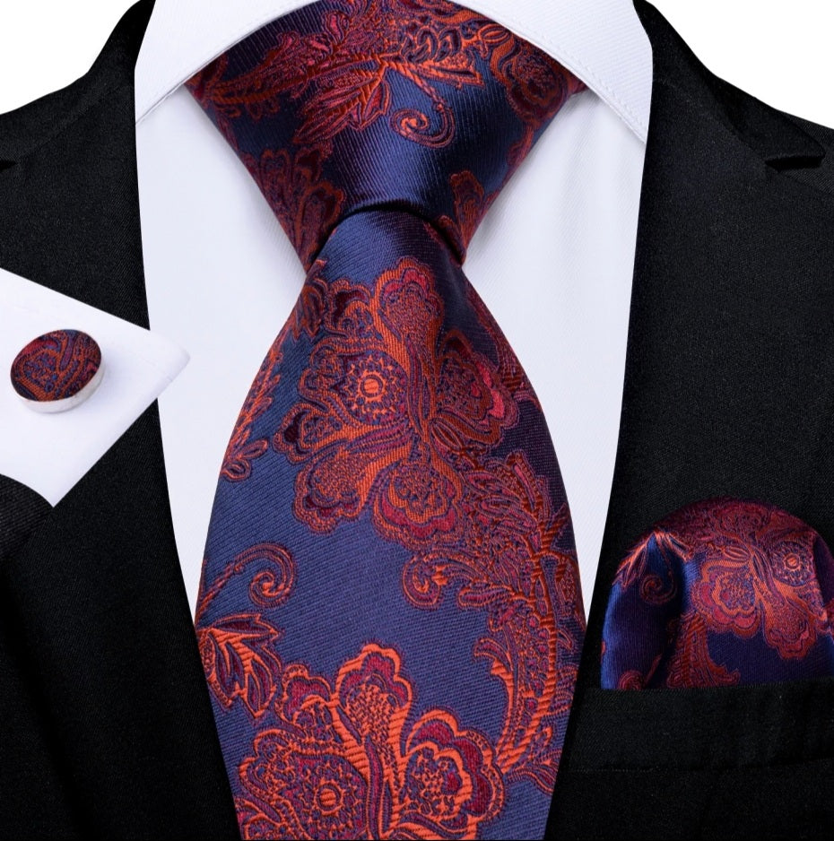 Men's  Red Blue Floral Silk Necktie Set