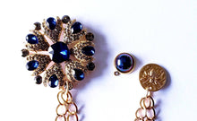 Load image into Gallery viewer, Blue Stone Crystal Lapel Pin with Gold Chain
