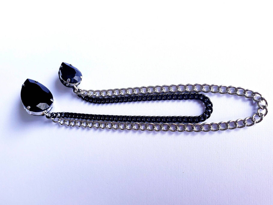 Black Crystal Lapel Pin with Silver/Black Chains