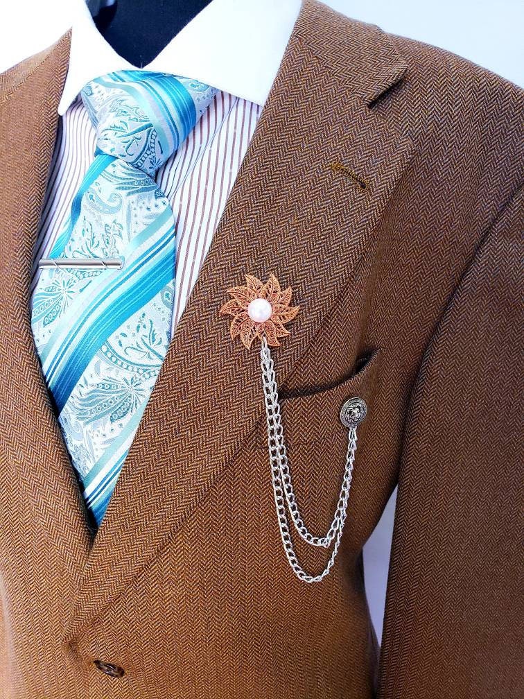 Copper Flower Lapel Pin with Silver Chains/Lion Brooch 