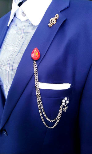 Elegant Red Crystal Lapel Pin with Silver Chain