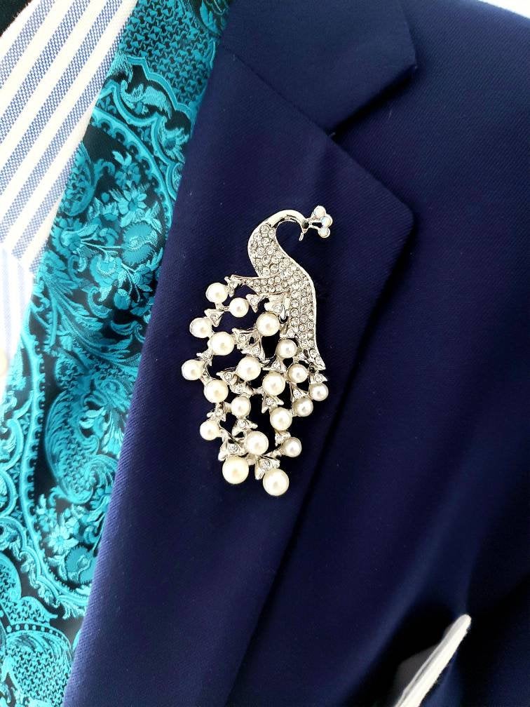 Silver Gold Peacock Brooch Bridal Pin