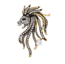 Load image into Gallery viewer, Crystal Lion Rhinestone Pearl Lapel Brooch Shirt Pin 
