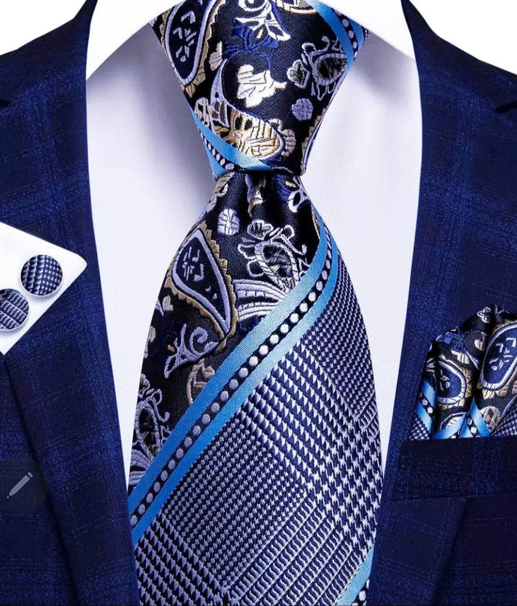 Men's Blue Silk Necktie Pocket Square Cufflink Set