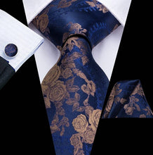 Load image into Gallery viewer, Men&#39;s Blue Gold Floral Silk Necktie Set
