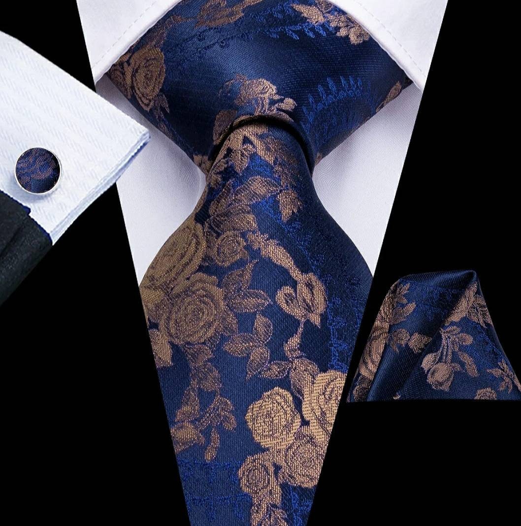 Men's Blue Gold Floral Silk Necktie Set