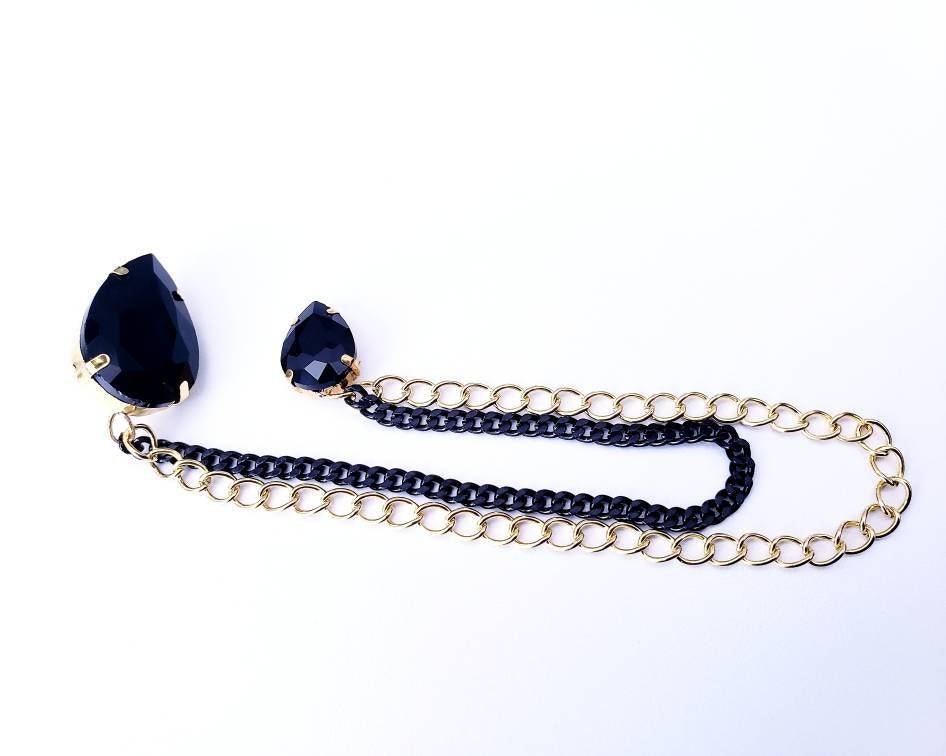 Elegant Black Crystal Lapel Pin with Gold/Black Chains