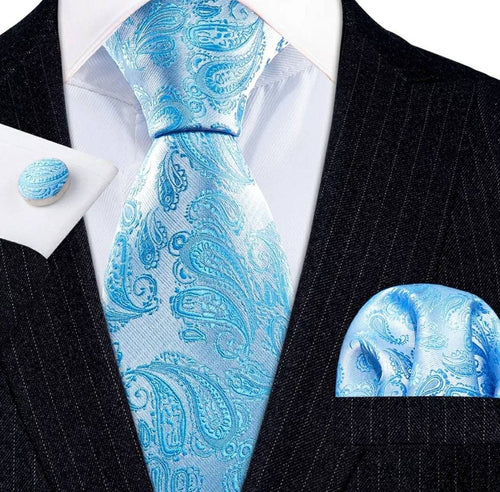Men's Light Blue Silk Necktie Cufflink Set