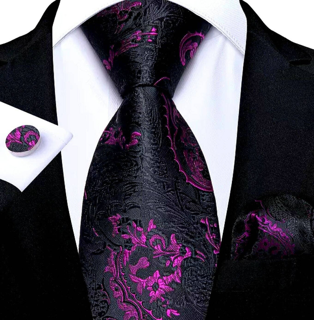 Men's Black Orchid Floral Silk Necktie Set