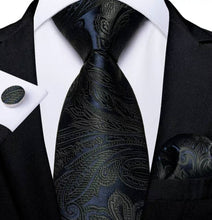 Load image into Gallery viewer, Men&#39;s Black Navy Floral Silk Necktie Set

