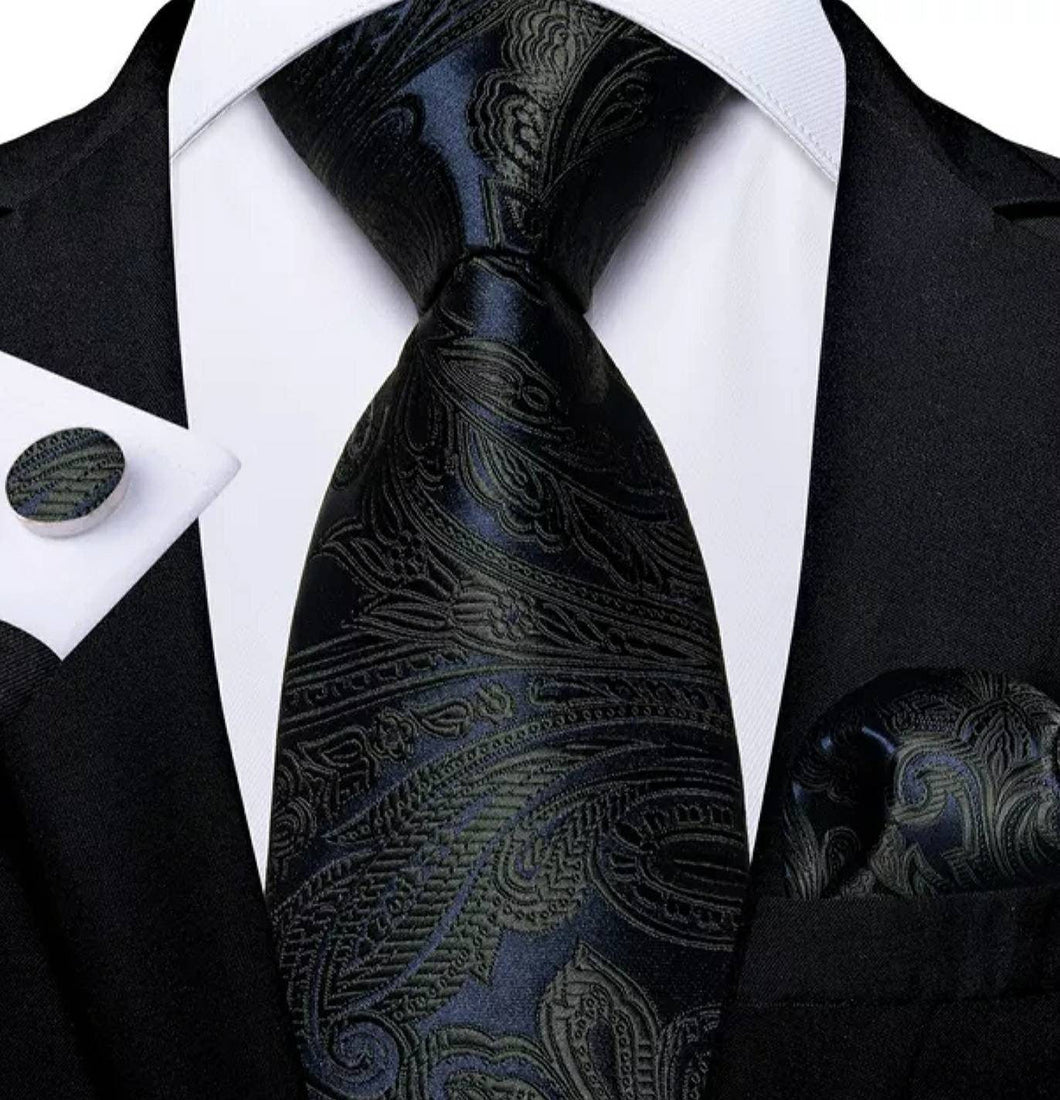 Men's Black Navy Floral Silk Necktie Set